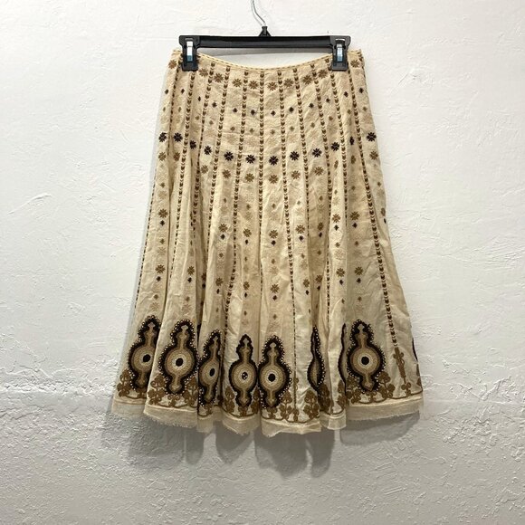 ELIE TAHARI Embroidered Midi Skirt Cotton Tulle Hem Festival Beaded Beige lined